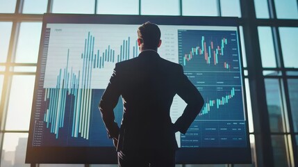 A Business Professional Analyzing Market Trends and Financial Data Through Advanced Graphical Displays in a Modern Office Setting