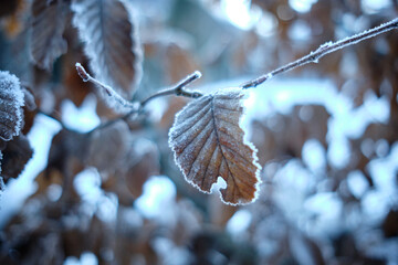 close up of brown lead covered in snow and crystals