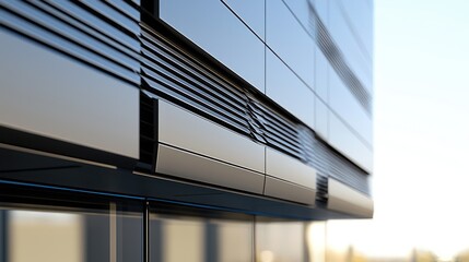 A close-up view of an innovative exterior cladding system on a commercial building, featuring movable panels that provide dynamic shading throughout the day