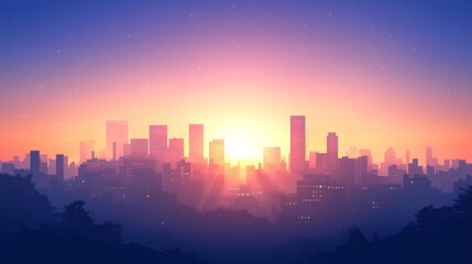 Fototapeta premium A cityscape silhouette with a vibrant sunrise in the background.