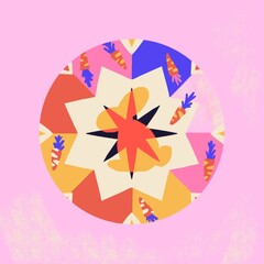 Fototapeta premium Rabbit Carrot Circle Icon. Raster Hand Drawn Illustration of Cute Cartoon Style Graphic Concept. Triangle and Geometrical Shape.