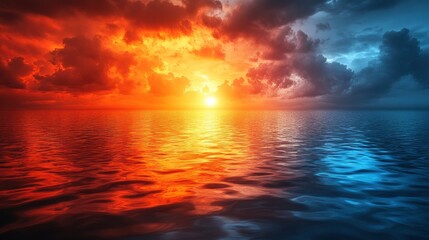 Fototapeta premium Dramatic Sunset over the Ocean with Red and Blue Sky