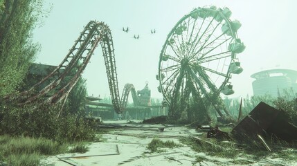 Desolate Amusement Park in a Hostile AI Dystopia - Cinematic Concept Art of Nature Reclaiming Rusted Rides with Echoes of Drones