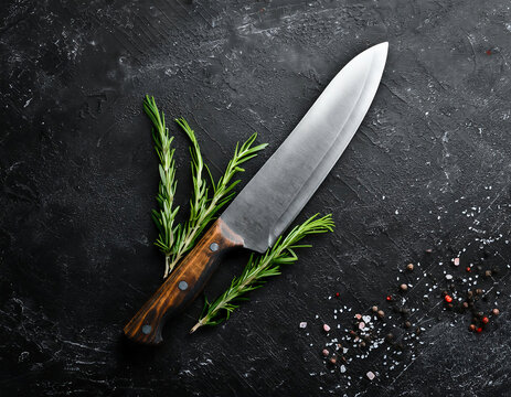 Meat cleaver with rosemary branches and spices on black slate plate on an empty black background. Top view, copy space