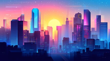 Obraz premium A futuristic cityscape with tall buildings and a setting sun.