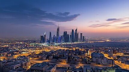 KAFD buildings in Riyadh during the blue hour, showcasing the city's modern skyline and illuminated architecture against a tranquil evening backdrop