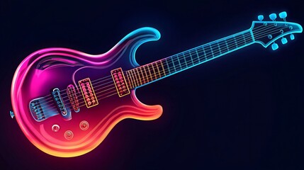 Obraz premium A glowing neon electric guitar with a modern design, isolated on a dark background.