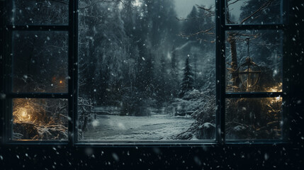Fototapeta premium view from the window to the snowy landscape, winter nature full of snow, evening Christmas atmosphere, sky full of stars