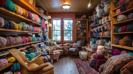 A cozy knitting shop with yarn of all colors displayed on shelves, comfortable seating, and a warm, inviting atmosphere