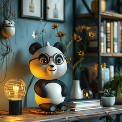 Cartoon Panda Figurine with Oversized Glasses in Office Setup