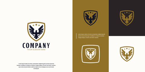 defense emblem with eagle silhouette, elegant and luxurious style, logo design illustration.