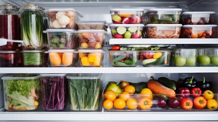 A vibrant fridge interior with an array of fresh fruits and vegetables organized in clear containers, reflecting healthy lifestyle choices.