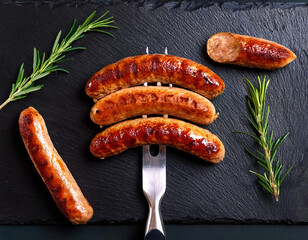Grilled sausages on a metal meat fork with rosemary on a dark stone background. top view