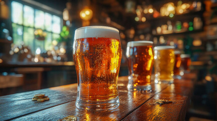 Craft beer in frosty glasses with rich amber hues and a foamy head, perfectly lined up on a rustic wooden bar in a cozy pub setting
