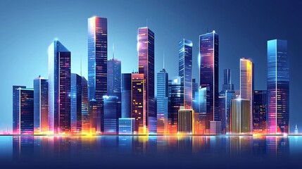 A vibrant cityscape with glowing lights reflected in the water.