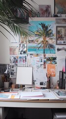 Obraz premium A white desk with a computer monitor, pencils, and papers in a cluttered workspace with a tropical inspiration mood board on the wall.