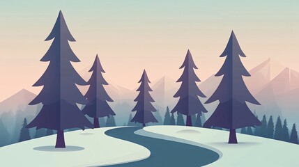 Fototapeta premium A winding road through a snowy forest with mountains in the background.