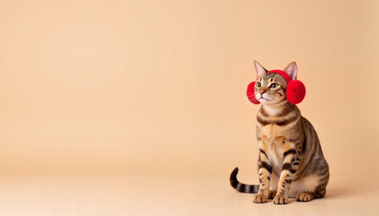 Trendy tabby cat wearing red earmuffs on a soft beige background, Pet Day