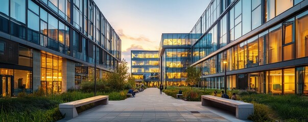 Fototapeta premium A detailed shot of a university campus with smart glass buildings that optimize indoor climate control and maximize natural lighting for students