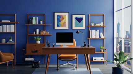 A modern office space featuring a desk, computer, and shelves, designed for productivity and creativity.