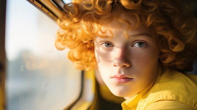 A youthful individual with curly red hair gazes thoughtfully out a window, bathed in warm golden light, suggesting introspection and curiosity.