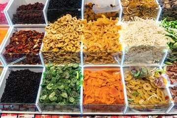 Traditional Turkish delight (rahat lokum) with nuts, dried fruits, and fruit syrup. National Turkish delicacies.