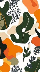 Abstract seamless pattern with leaves and organic shapes in warm colors.