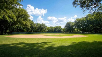 Fototapeta premium Scenic Baseball Field Under Bright Blue Sky