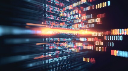 A vibrant digital abstract showcasing binary data flow and light streaks, representing data transmission and technology.