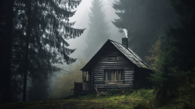 Nestled in a dense forest, a cozy log cabin exudes warmth with smoke curling from the chimney on a foggy day, offering a tranquil retreat.