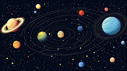 Cartoon illustration of the solar system with planets orbiting a star in space.