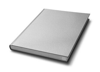 Closed grey book with hard cover on white background