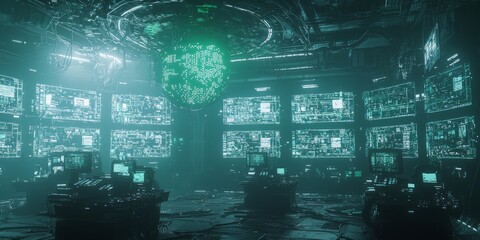 Virtual Warfare: Futuristic Command Center in Hostile AI Dystopia
