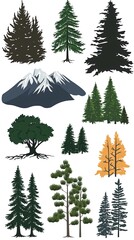 Fototapeta premium Collection of various tree and mountain silhouettes on white background.