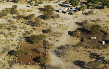 Homesteads just outside of the protected area, aerial view, Okavango Delta, Botswana, Africa