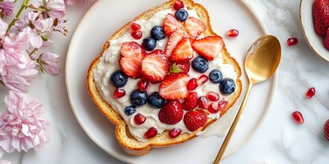 Deliciously vibrant toast topped with fresh strawberries, blueberries, and pomegranate seeds. A delightful breakfast choice that combines flavor and nutrition.