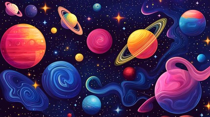 Colorful planets and stars in a vast, dark space.