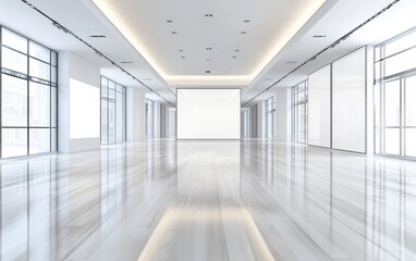 Fototapeta premium A spacious, modern interior with polished floors and large windows, suitable for exhibitions or gatherings.