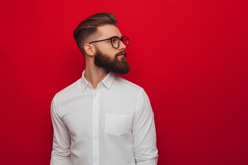 Obraz premium A man with a beard and glasses is standing in front of a red wall. He is wearing a white shirt and looking at the camera