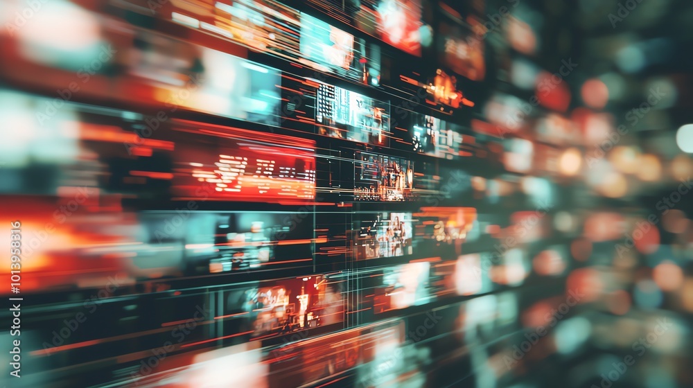 Fototapete Dynamic digital background with blurred images, illustrating technology and speed in a modern media environment.