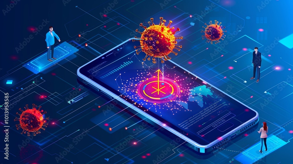 Aufkleber A smartphone displays an emergency alert about data network protection while users interact with virus warning applications actively. Generative AI