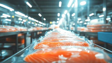 Fresh salmon fillets packaged for distribution in a clean, modern processing facility, highlighting quality and hygiene.