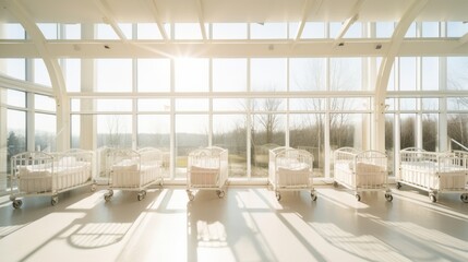A bright, airy nursery with rows of cribs bathed in sunlight through large windows, creating a sense of calm and expectation.