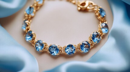 Obraz premium Gold Chain Bracelet with Round Blue Topazes on Blue Satin Stand