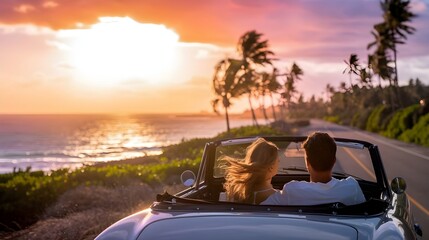 Couple Driving Into the Sunset in Convertible