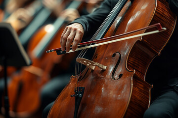 Fototapeta premium Cello Player Performing in Orchestra: Classical Music Concert