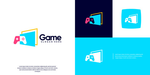 joystick logo with monitor, digital game media, entertainment, vector graphic illustration.