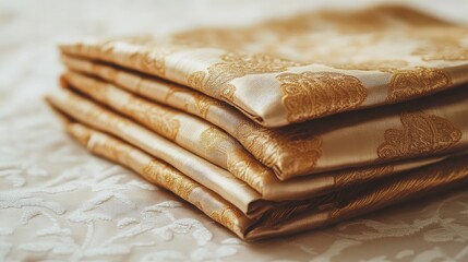 Beautiful folded sari with intricate gold detailing, set on a plain beige background, no distractions, just fabric beauty.
