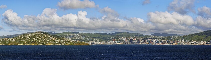 Fototapeta premium Panoramic view from the sea, Wellington, North Island, New Zealand, Oceania