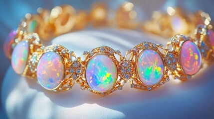 Gold Bracelet with Opal Cabochons on White Satin Stand